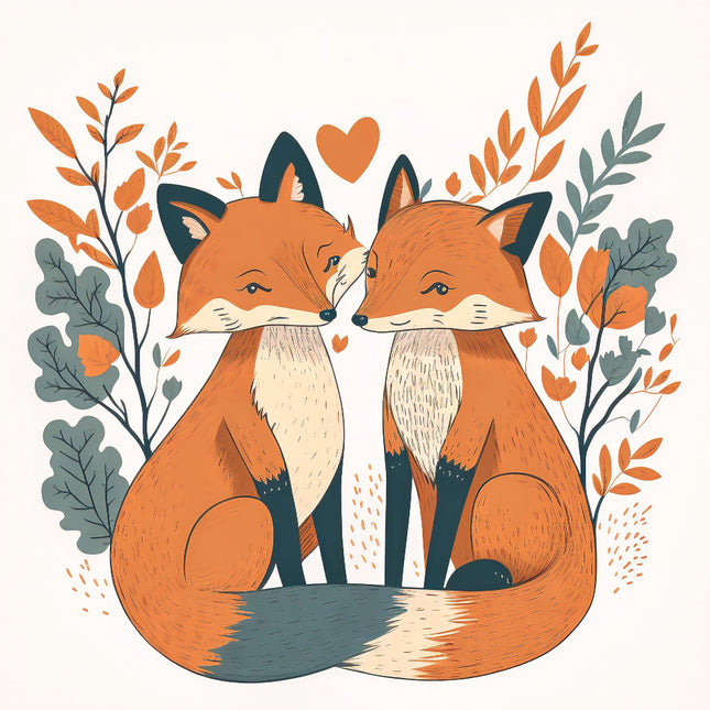 A digitally printed 100% cotton fabric panel featuring two stylized foxes