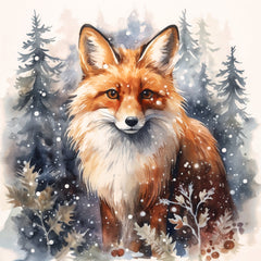 A digitally printed 100% cotton fabric panel featuring a fox with a winter landscape in the background.