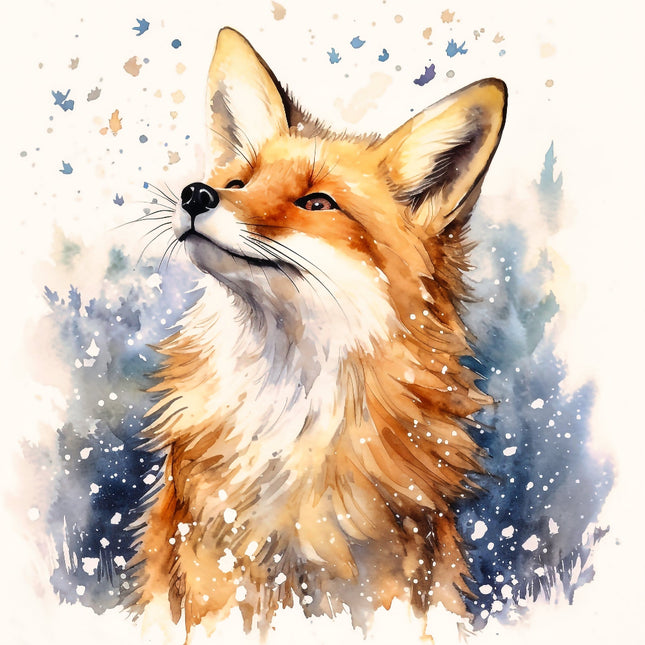 A digitally printed fabric panel featuring a stylized image of a fox with a white and snowy background.