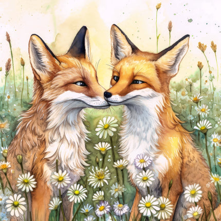 A digitally printed 100% cotton fabric panel featuring two stylized foxes in a field with daisy flowers.