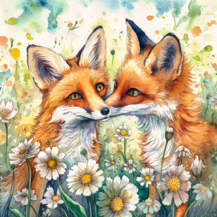 A digitally printed 100% cotton fabric panel featuring two foxes in a field with daisies.