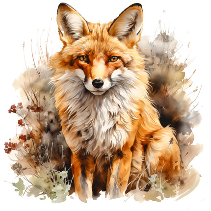 A digitally printed 100% cotton fabric panel featuring a block image of a fox with a blend of orange, brown, and white colors against a floral background.