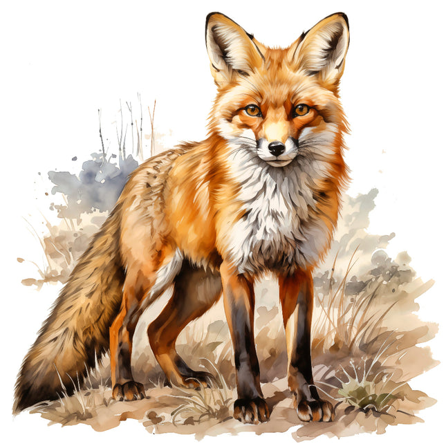 A digitally printed 100% cotton fabric panel featuring a full-body image of a red fox in a natural outdoor setting.