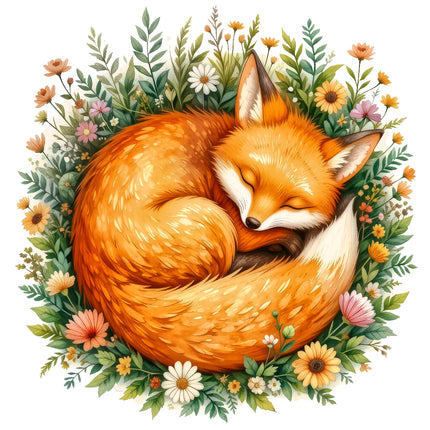 A digitally printed 100% cotton fabric panel featuring a sleeping fox surrounded by floral designs.