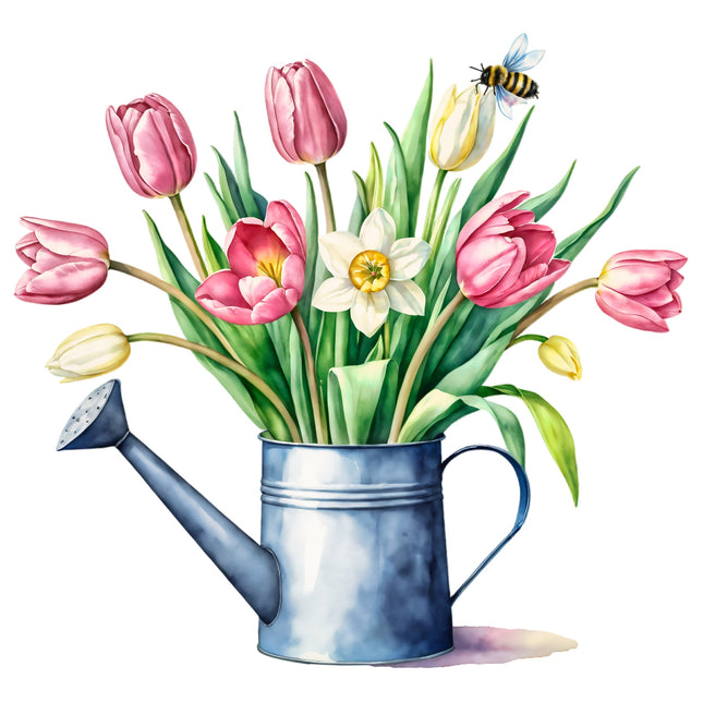 Floral Watering Can 100% Cotton Fabric Panel Block S8001