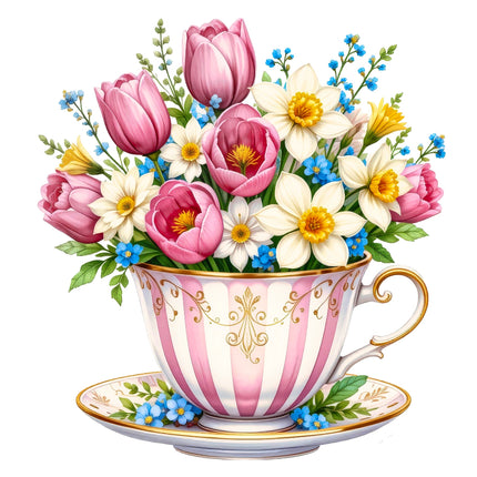 A digitally printed 100% cotton fabric panel featuring a bouquet of flowers in a teacup