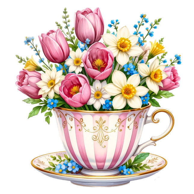 A digitally printed 100% cotton fabric panel featuring a bouquet of flowers in a teacup