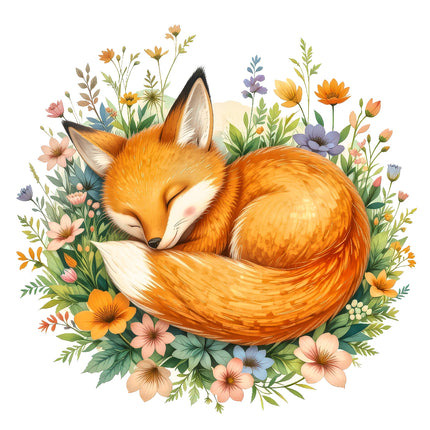 A digitally printed 100% cotton fabric panel featuring a sleeping fox surrounded by colorful flowers.