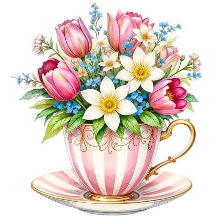 A digital print of a bouquet of flowers including tulips and other various flowers, arranged in a teacup with a striped pattern.