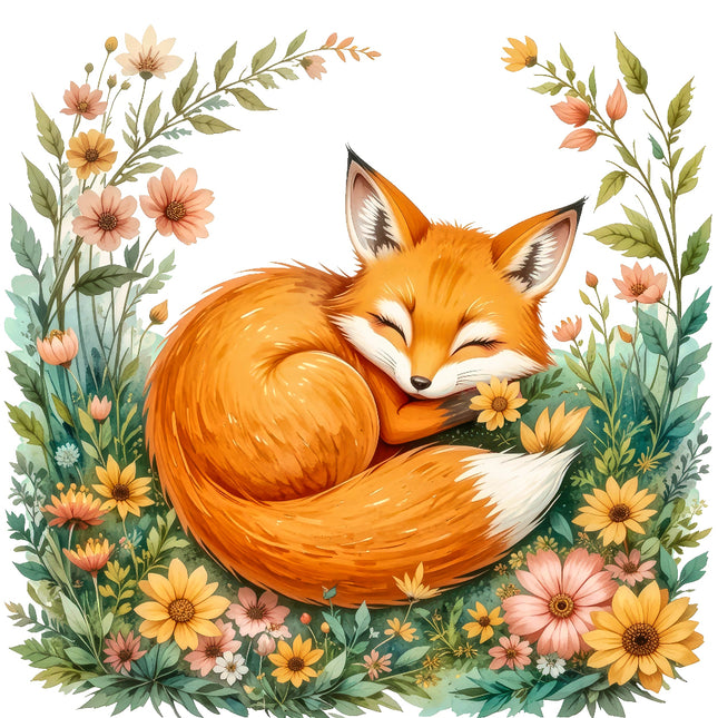 A digitally printed 100% cotton fabric panel featuring a sleeping orange fox surrounded by a floral design with various flowers such as daisies.