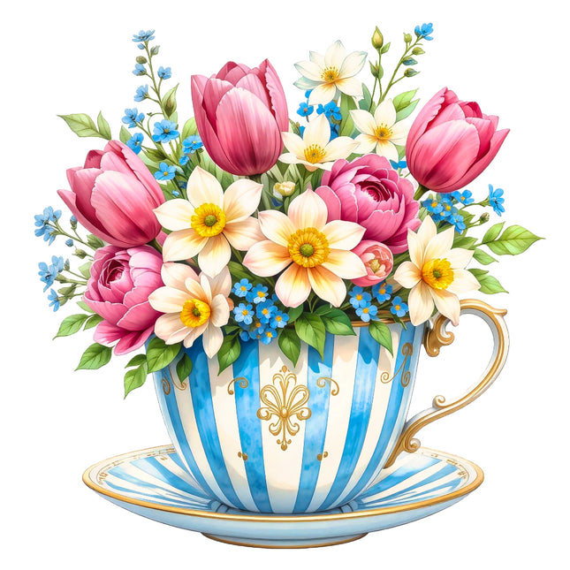 A fabric panel block featuring a floral teacup design with pink flowers 