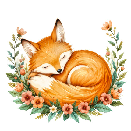 A digitally printed fabric panel featuring a sleeping orange fox surrounded by floral designs with leaves and flowers in a watercolor style.