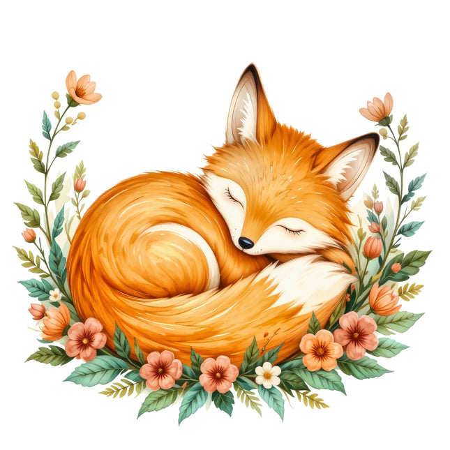 fox surrounded by flowers and leaves fabric panel