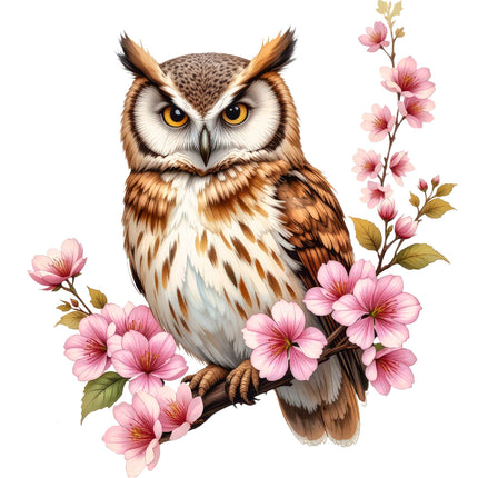 A digitally printed 100% cotton fabric panel featuring an owl perched on a branch with pink flowers.