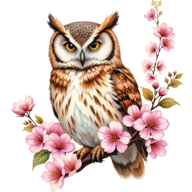 A digitally printed 100% cotton fabric panel featuring an owl perched on a branch with pink flowers.