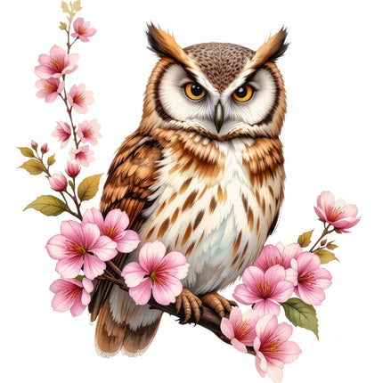 Owl with pink flowers fabric panel