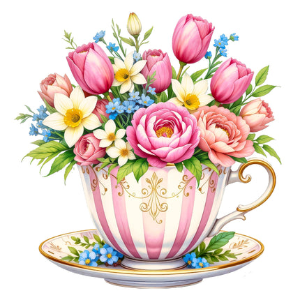 A fabric panel block featuring a floral teacup design with a variety of flowers such as roses and tulips, printed on a cotton material.