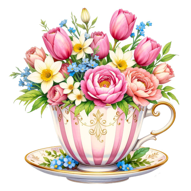 A fabric panel block featuring a floral teacup design with a variety of flowers such as roses and tulips, printed on a cotton material.