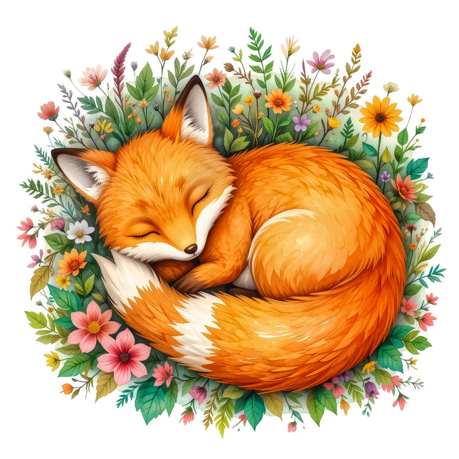 A digitally printed 100% cotton fabric panel featuring a sleeping fox surrounded by floral designs.