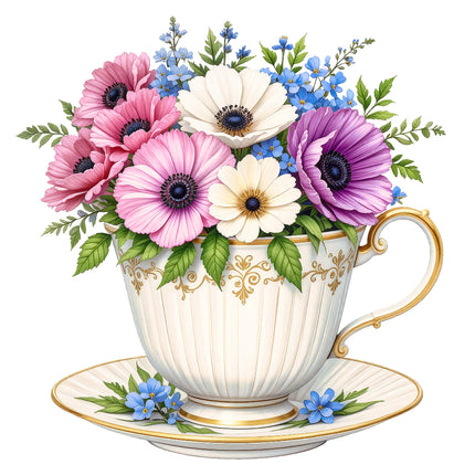 A fabric panel block depicting a floral teacup design with a variety of flowers