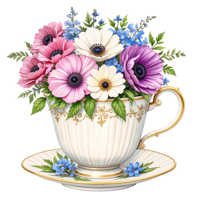 A fabric panel block depicting a floral teacup design with a variety of flowers