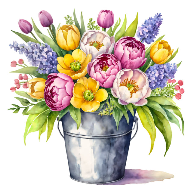 A fabric panel block featuring a digitally printed bouquet of multicolored flowers in a metal bucket.