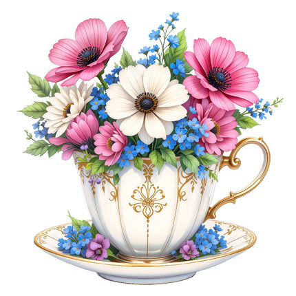 A fabric panel block featuring a floral teacup 