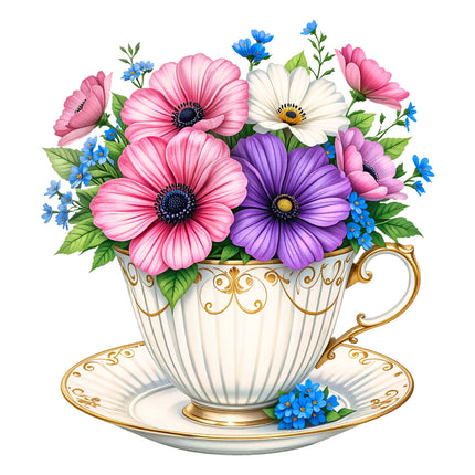 A digitally printed 100% cotton fabric panel featuring a floral teacup design with a variety of flowers in pink, purple, and blue colors on a white teacup and saucer.