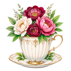 A fabric panel featuring a floral teacup design with a bouquet of pink, red, and white flowers in a white teacup with gold accents on a saucer.