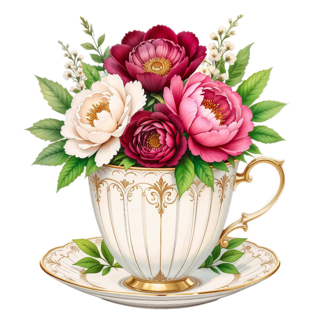 A fabric panel featuring a floral teacup design with a bouquet of pink, red, and white flowers in a white teacup with gold accents on a saucer.