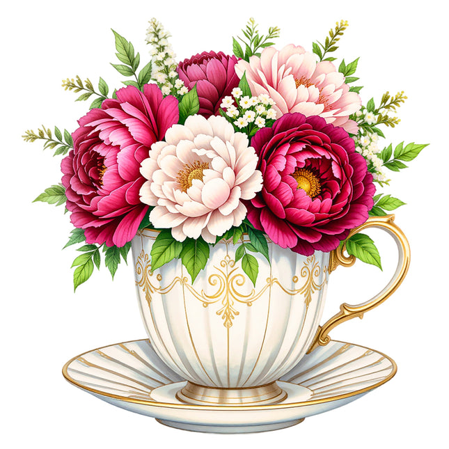 A fabric panel featuring a floral teacup design with a bouquet of pink and red flowers in a white teacup on a saucer.
