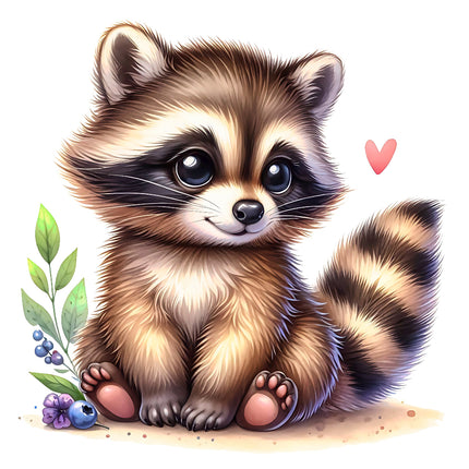 A digitally printed 100% cotton fabric panel featuring a cute raccoon sitting beside some leaves and small berries.