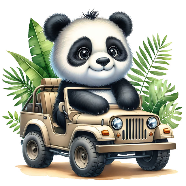 A digitally printed fabric panel featuring a cartoon-style panda bear sitting in a safari vehicle, surrounded by foliage.