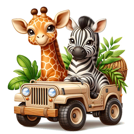 A fabric panel featuring a giraffe and zebra in a vehicle with a jungle setting.