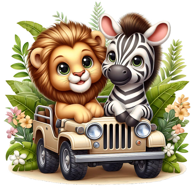 A digitally printed fabric panel featuring a cartoon lion and zebra sitting in a vehicle with a jungle backdrop.