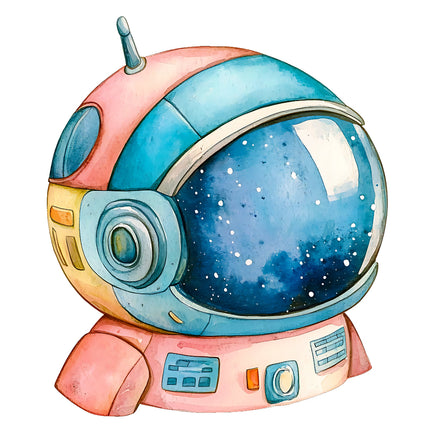 A digitally printed 100% cotton fabric panel featuring a colorful astronaut helmet with a space-themed background.
