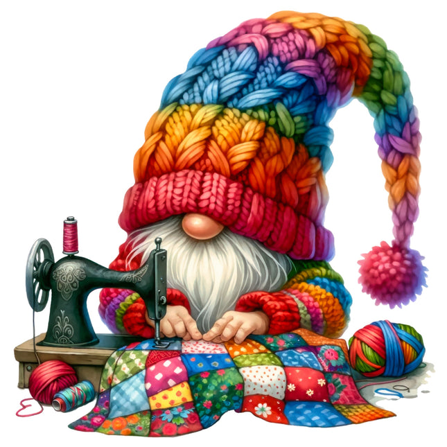 A colorful fabric panel block featuring a digitally printed gnome with a sewing machine and multicolored fabric.