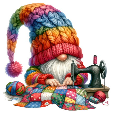 Colorful gnome with a large yarn hat sitting at a sewing machine surrounded by yarn and fabric fabric panel