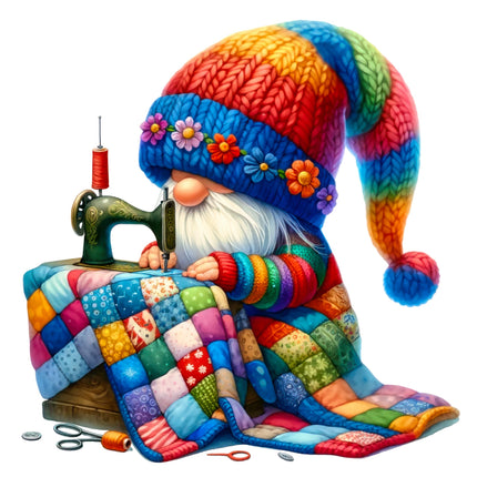 A colorful fabric panel block featuring a digitally printed gnome sewing on a quilt with a sewing machine, surrounded by sewing tools.