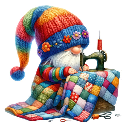 Colorful gnome with a rainbow hat and quilt working on a sewing machine fabric panel