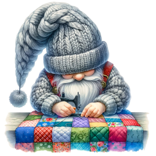 A digitally printed fabric panel block featuring a whimsical gnome 