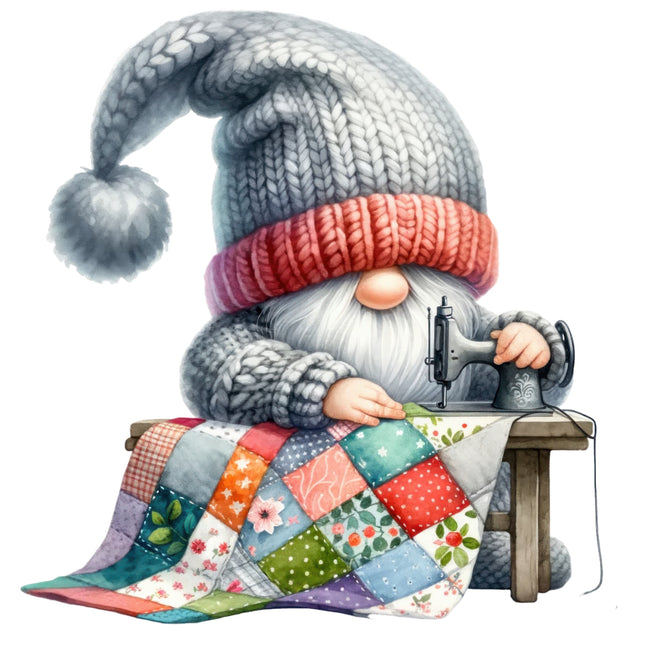 Gnome with a colorful hat sewing a patchwork quilt fabric panel