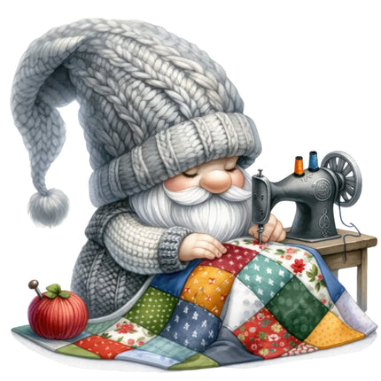 Gnome with a quilt and sewing machine fabric panel