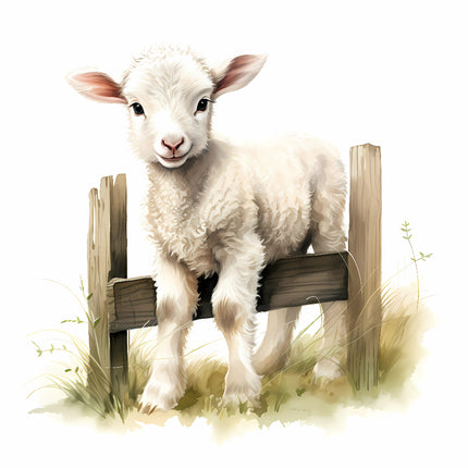 A digitally printed fabric panel featuring a white lamb sitting on a wooden fence with a green field in the background.
