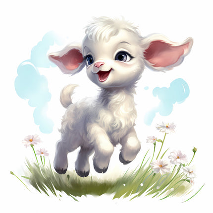 A digitally printed fabric panel featuring a cheerful white lamb with pink ears standing on a grassy field with daisies.