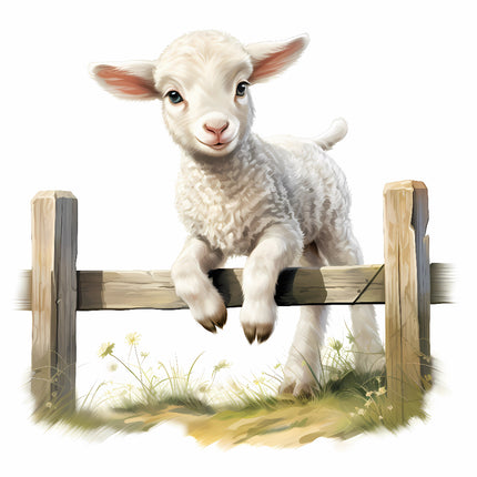 A digitally printed fabric panel featuring a white lamb with pink ears standing on a grassy field with a wooden fence in the background.