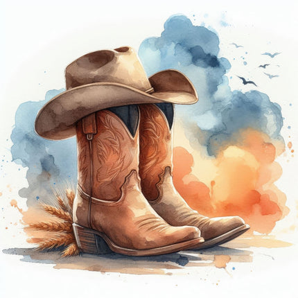 A fabric panel block featuring an illustration of cowboy boots and a hat quilt block