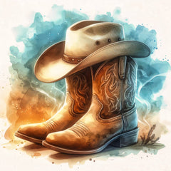 A fabric panel block featuring an illustration of cowboy boots and a hat 