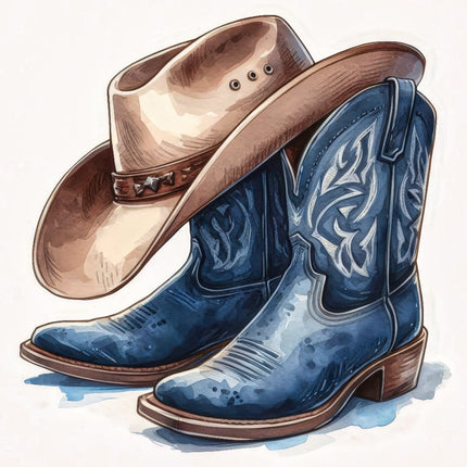 A fabric panel block featuring an illustration of blue cowboy boots and a brown cowboy hat.