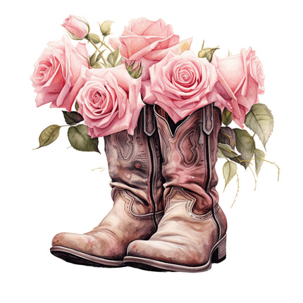 A fabric panel featuring a pair of cowboy boots filled with pink roses and green leaves.